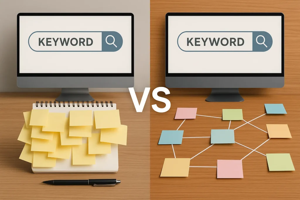 Cluttered notes vs organized keyword strategy desk
