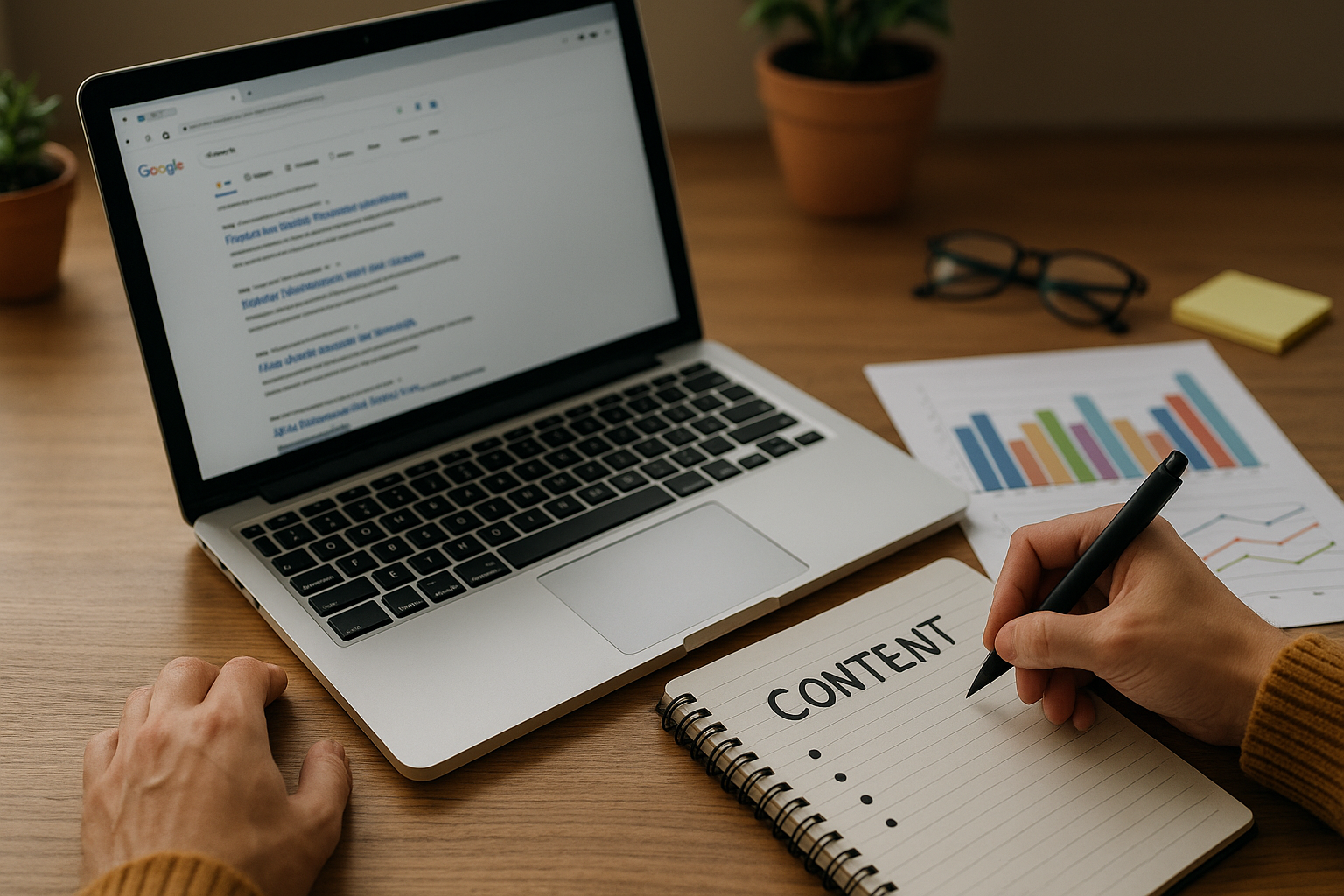 person writing SEO content beside laptop and charts