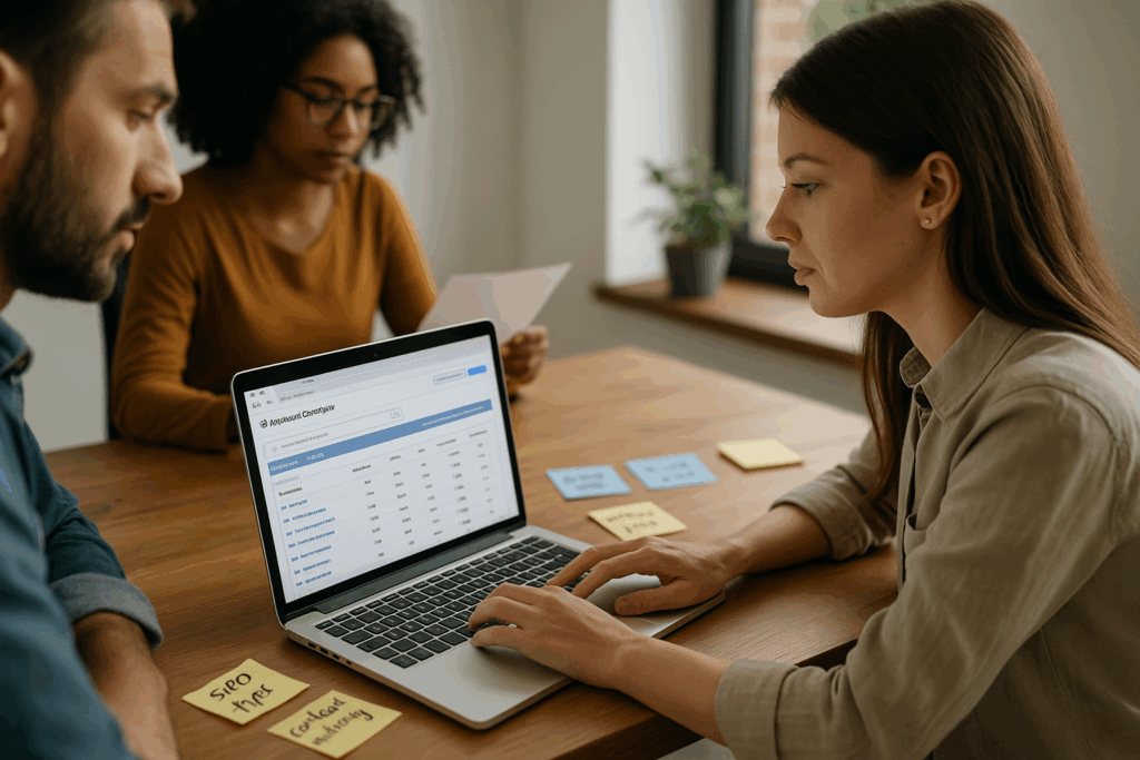 Marketer analysing keyword research data on laptop