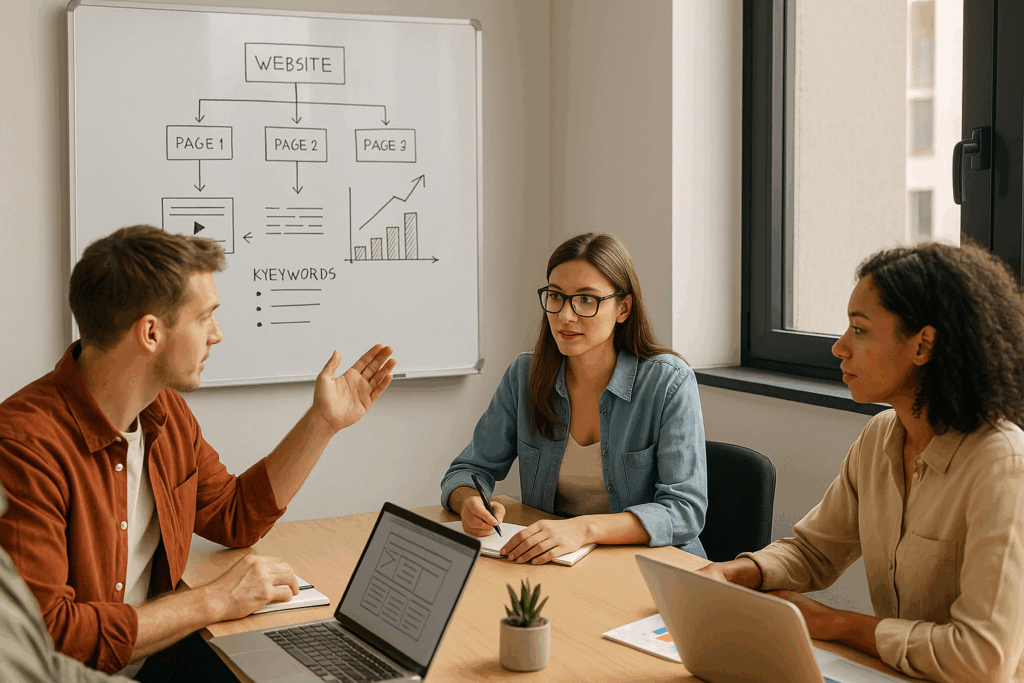 team planning website content structure strategy together