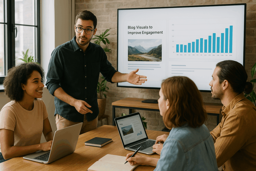 Team discussing blog visuals to improve engagement