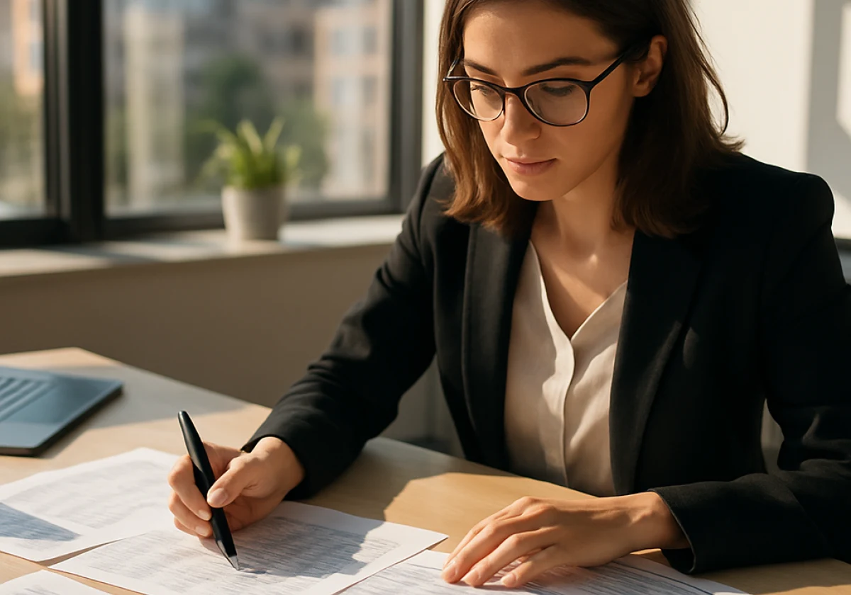 Business woman at an office desk in bright afternoon sunlight