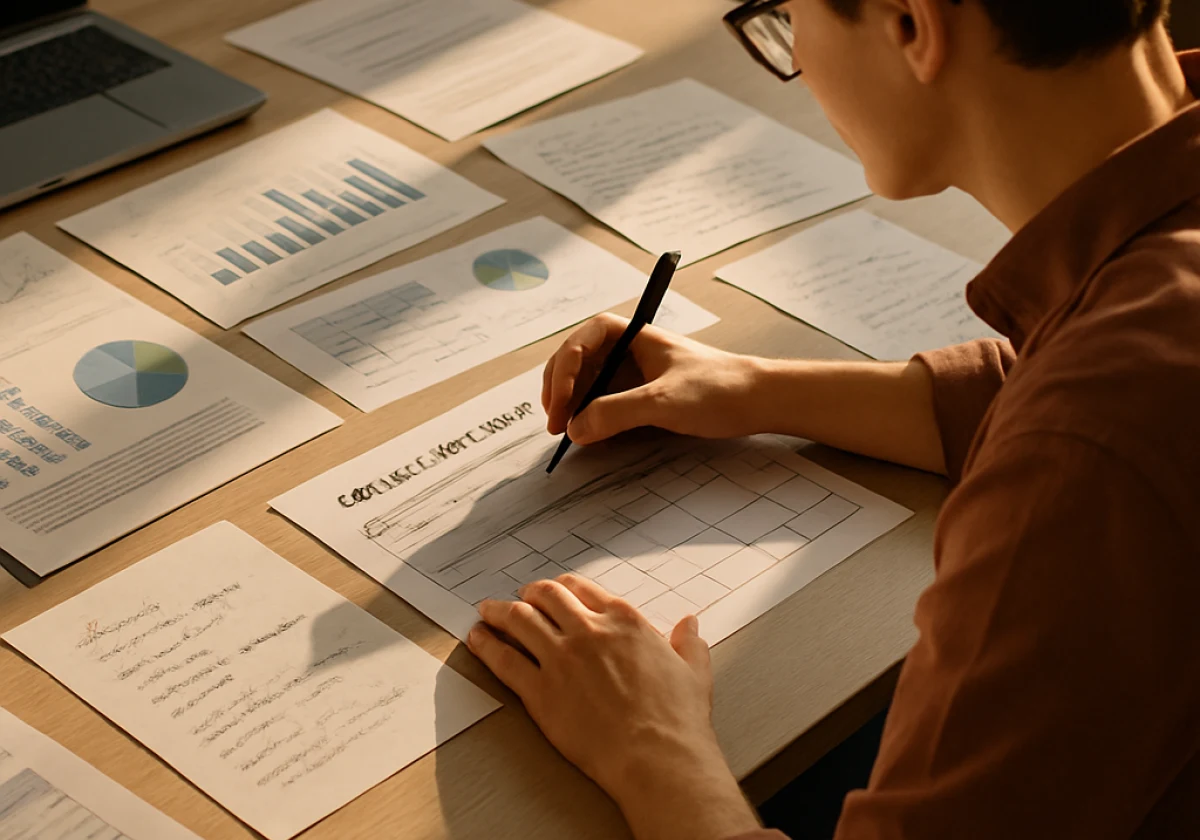 Content marketer working at a modern desk surrounded