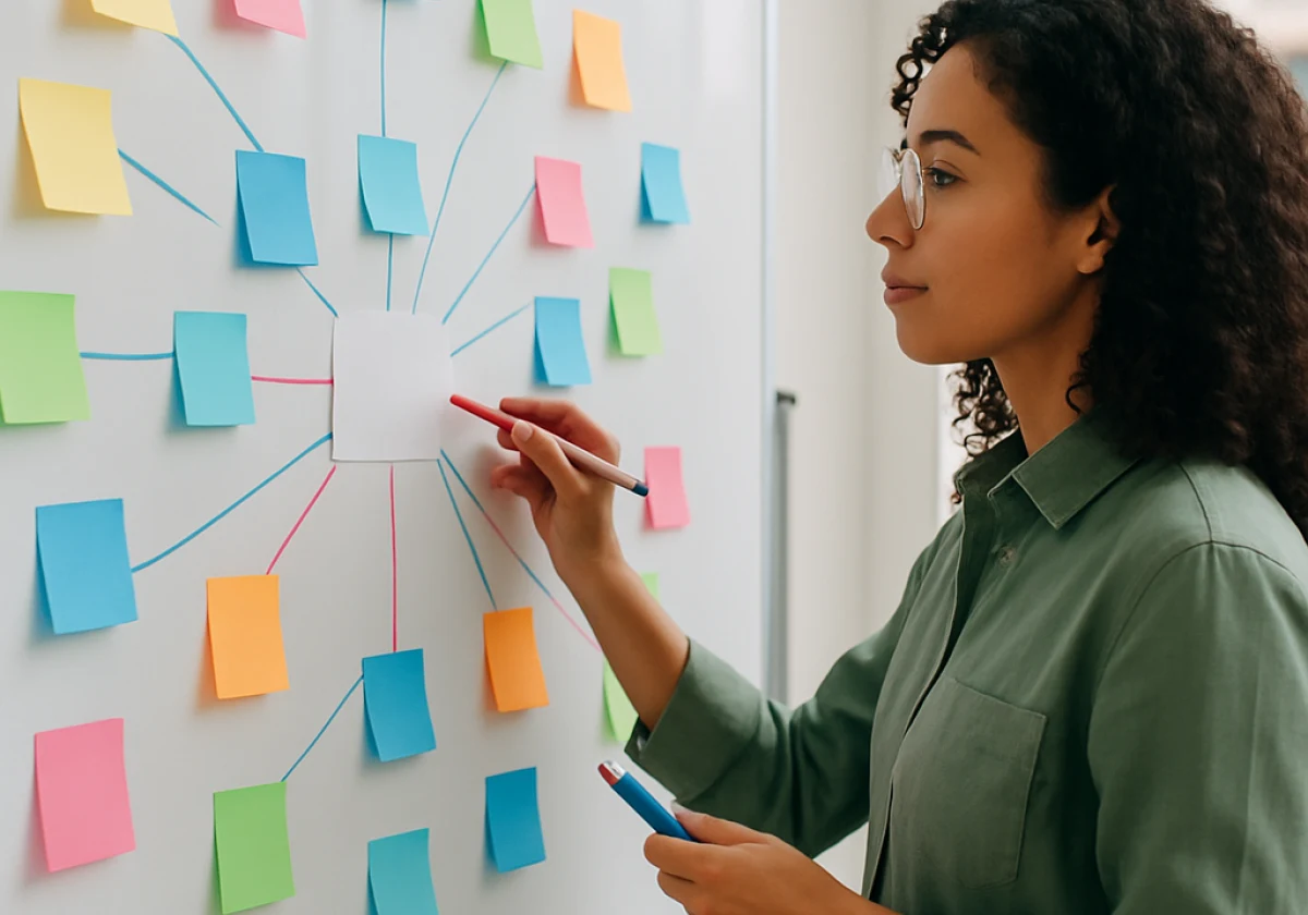 Content strategist in a bright office standing before a large