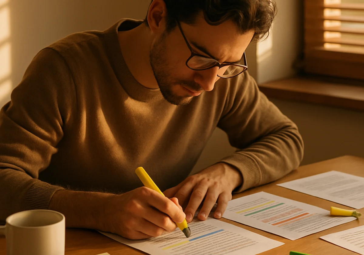 Copywriter at a desk in warm morning sunlight