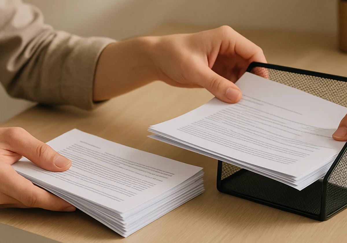 Person's hands at a clean office desk carefully consolidating two