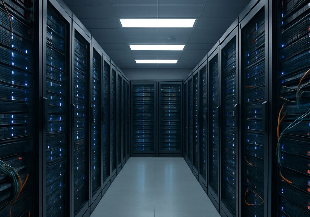 Server room with tall metal server racks fitted with glowing blue