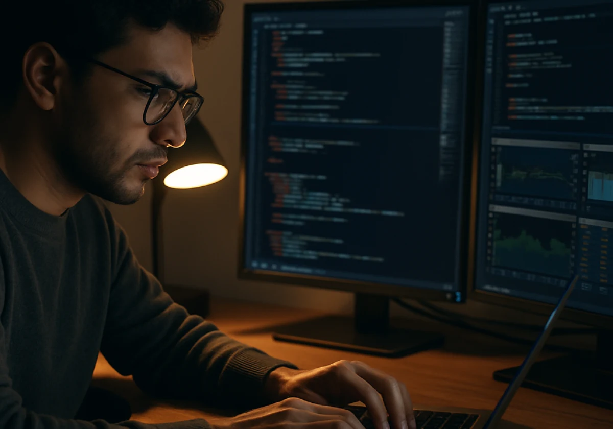 Backend engineer intensely focused on a laptop keyboard