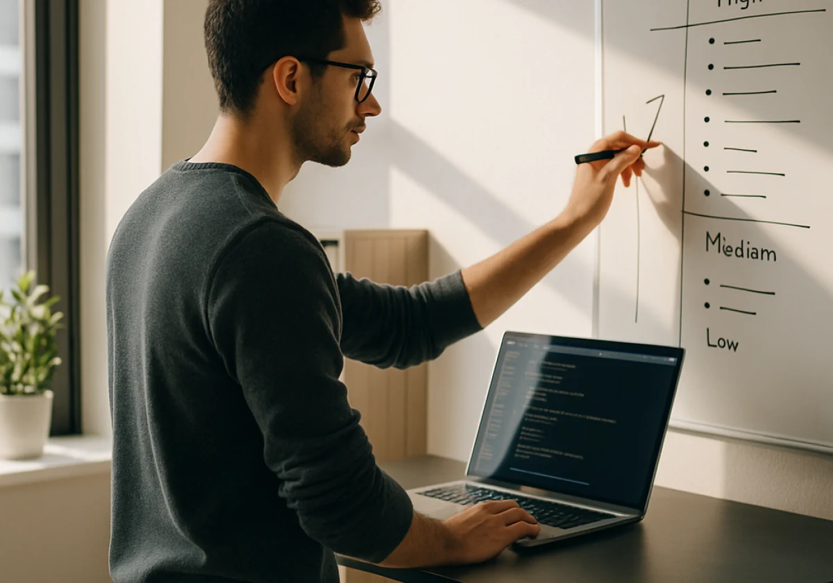Developer at a standing desk in a modern office