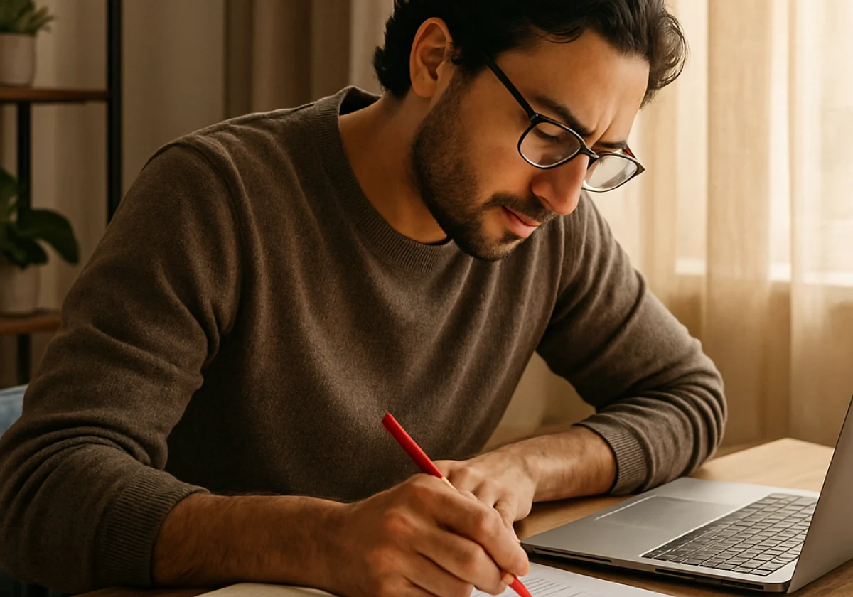 Content writer at a wooden desk in a home office studio