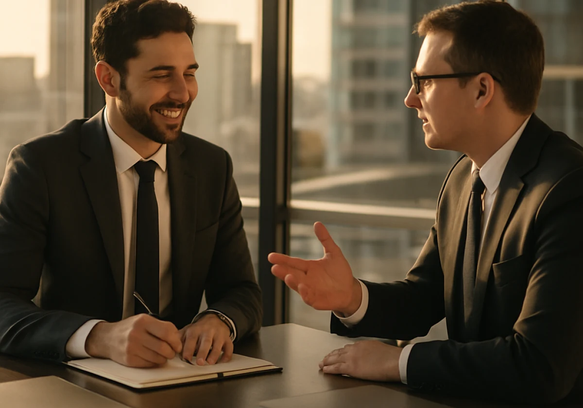 Business consultant in a modern glass-paneled office meeting a client