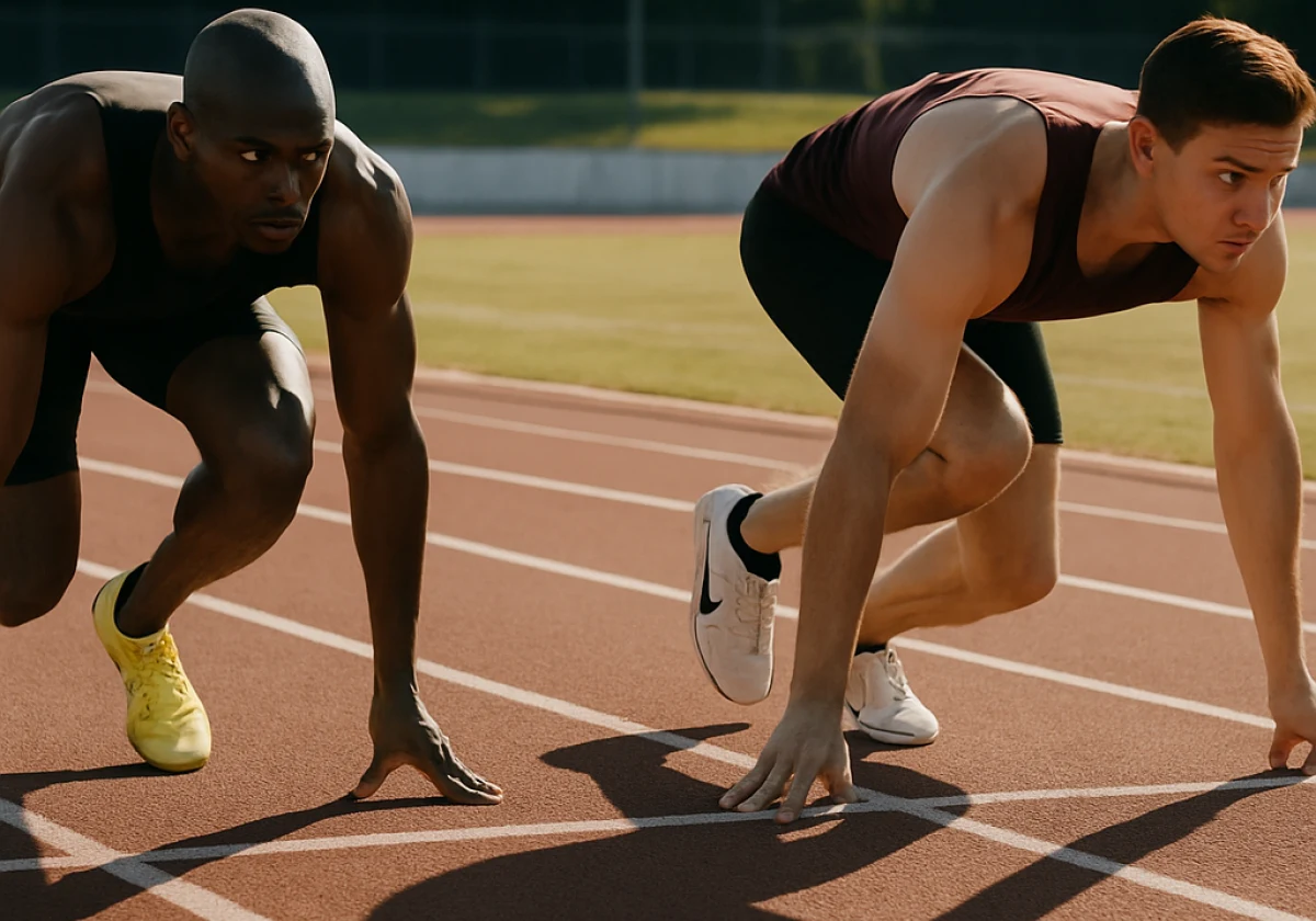 Two sprinters in identical racing positions at a track starting line