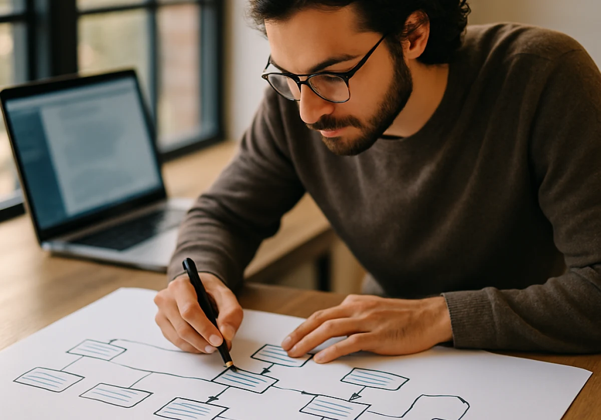 Web developer at a wooden desk beside tall windows